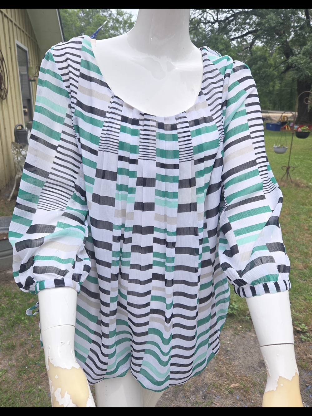 Sara Michelle Teal, Black and White Striped Scoop-Neck Blouse